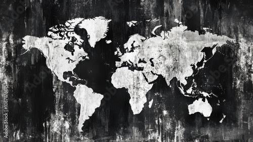 Dark and Artistic World Map with Grunge Texture Ideal for Travel, Education, and Geography Themes Featuring a Vintage and Modern Design Style photo