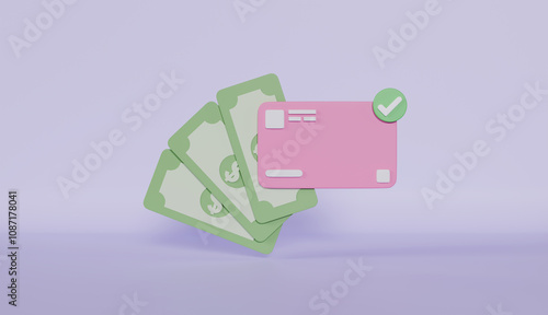 Credit card and money green dollars, check mark, creative concept Trade cashback photo