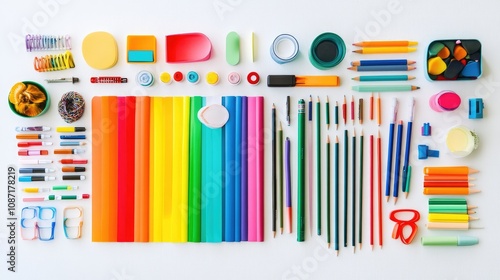 Flat Lay of Colorful Art Supplies and Stationery Items on White Background for Creative Inspiration and Educational Purposes