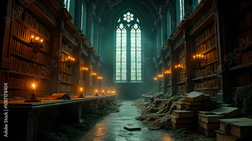 An Intricate Representation of a Derelict Gothic Library Under Flickering Candlelight with Shadows and Rich Textures