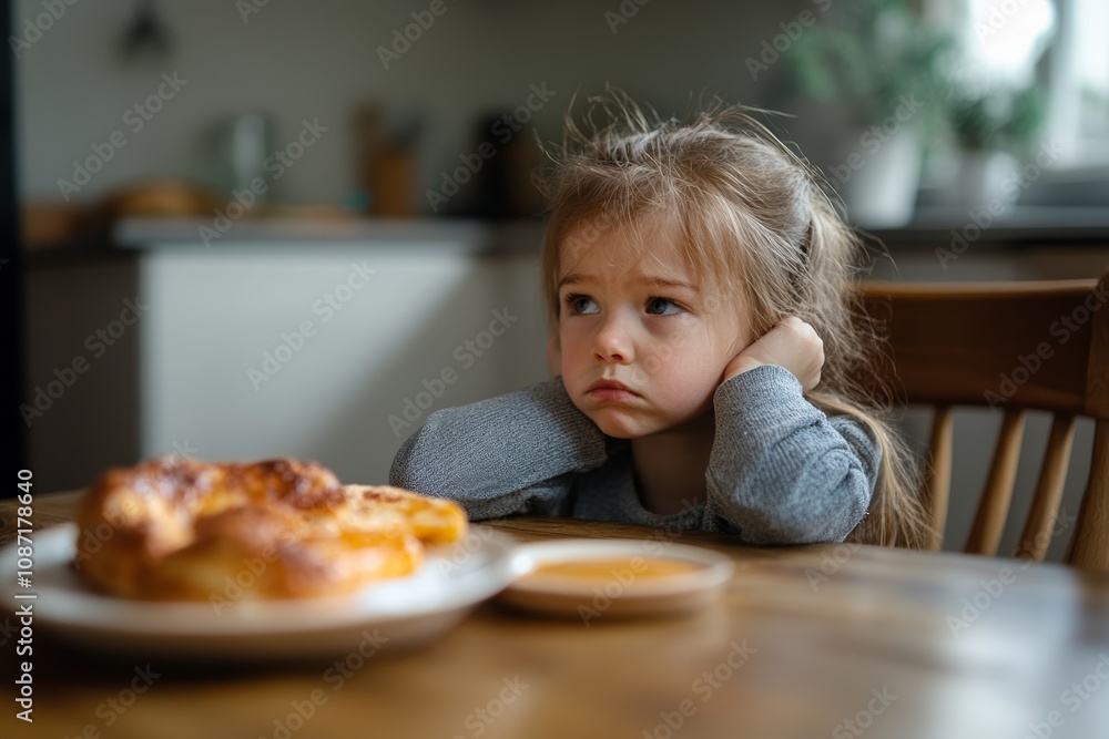 A young girl sits at a wooden table, visibly upset, with her hands over her ears while staring at a plate of uneaten pie in a cozy kitchen A young girl sits at a wooden table, visibly upset, with her hands over her ears while staring at a plate of uneaten pie in a cozy kitchen