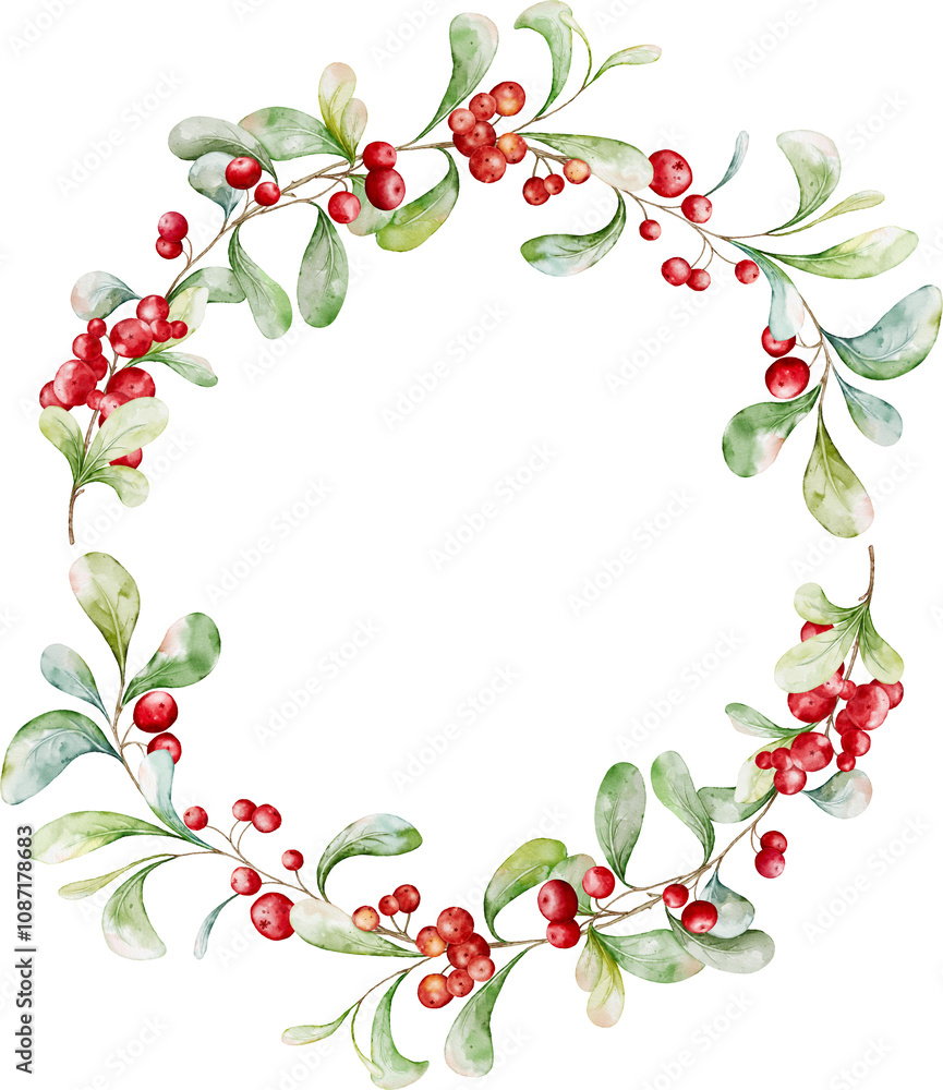 Fototapeta premium Christmas watercolor with berries and leaves wreath