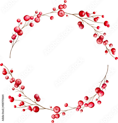 Christmas watercolor of red berries wreath