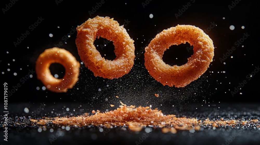 Flying Fried Onion Rings Ingredients on Black Background, Studio Lighting, Sharp Focus, Ideal for Posters and Wall Art Flying Fried Onion Rings Ingredients on Black Background, Studio Lighting, Sharp Focus, Ideal for Posters and Wall Art
