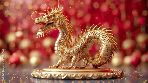 Majestic Golden Dragon: A 3D Rendering of a Chinese Dragon on a Red and Gold Podium, Perfect for Lunar New Year Celebrations, Cultural Events, and Asian-Themed Designs