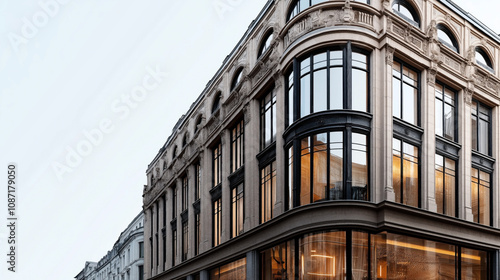 Elegant facades of historic building with large arched windows and ornate architectural details in urban setting, showcasing classic design and intricate stone carvings.