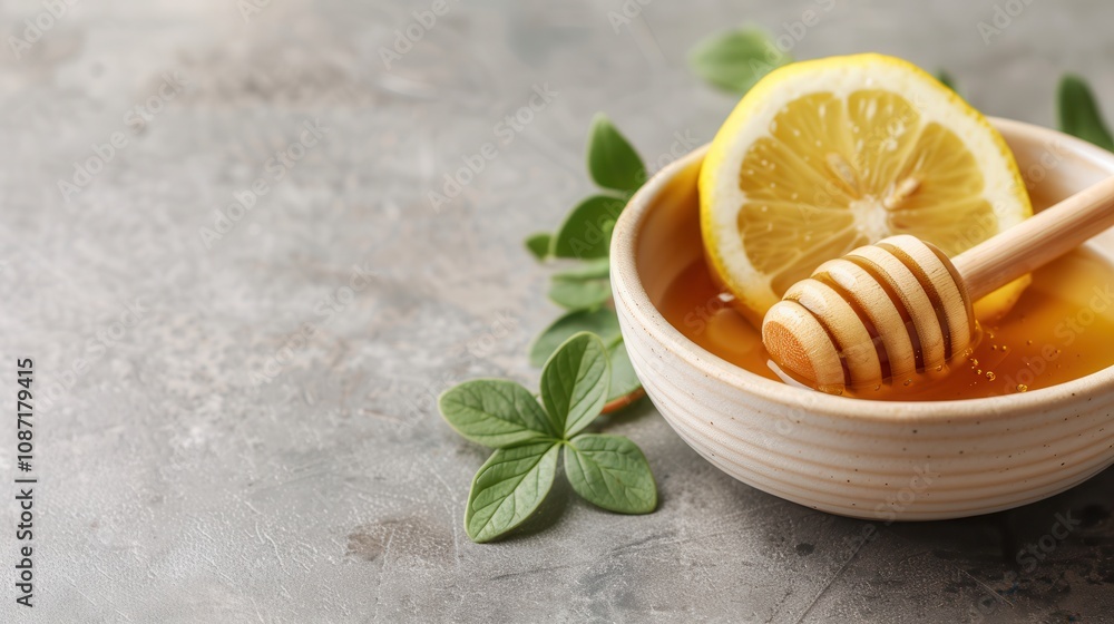 Herbal remedies with honey and vitamin C boost immunity. Honey and lemon in a bowl with leaves Herbal remedies with honey and vitamin C boost immunity. Honey and lemon in a bowl with leaves