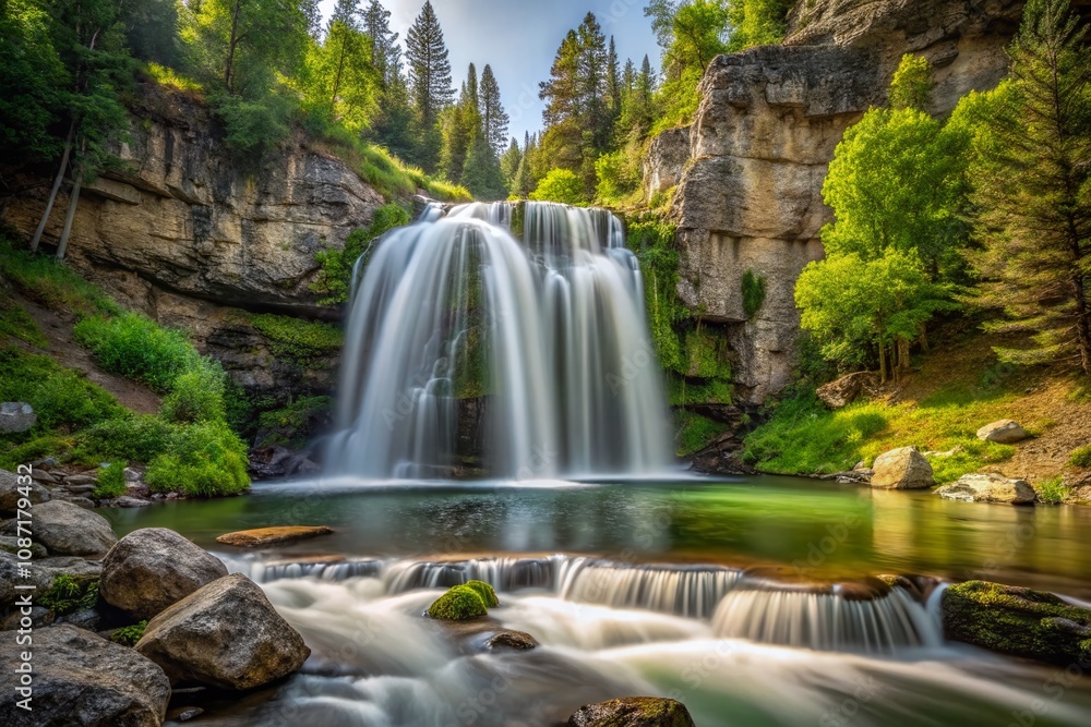 Obraz premium Serene Minimalist Landscape of Hidden Falls in Wyoming Surrounded by Lush Greenery, Flowing Water, and Rocky Outcrops Captured in Natural Light