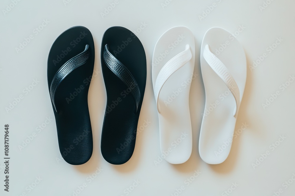 Black and white flip-flops displayed side by side on a white background, ideal for summer mockups, footwear design templates, and minimalist product presentations Black and white flip-flops displayed side by side on a white background, ideal for summer mockups, footwear design templates, and minimalist product presentations