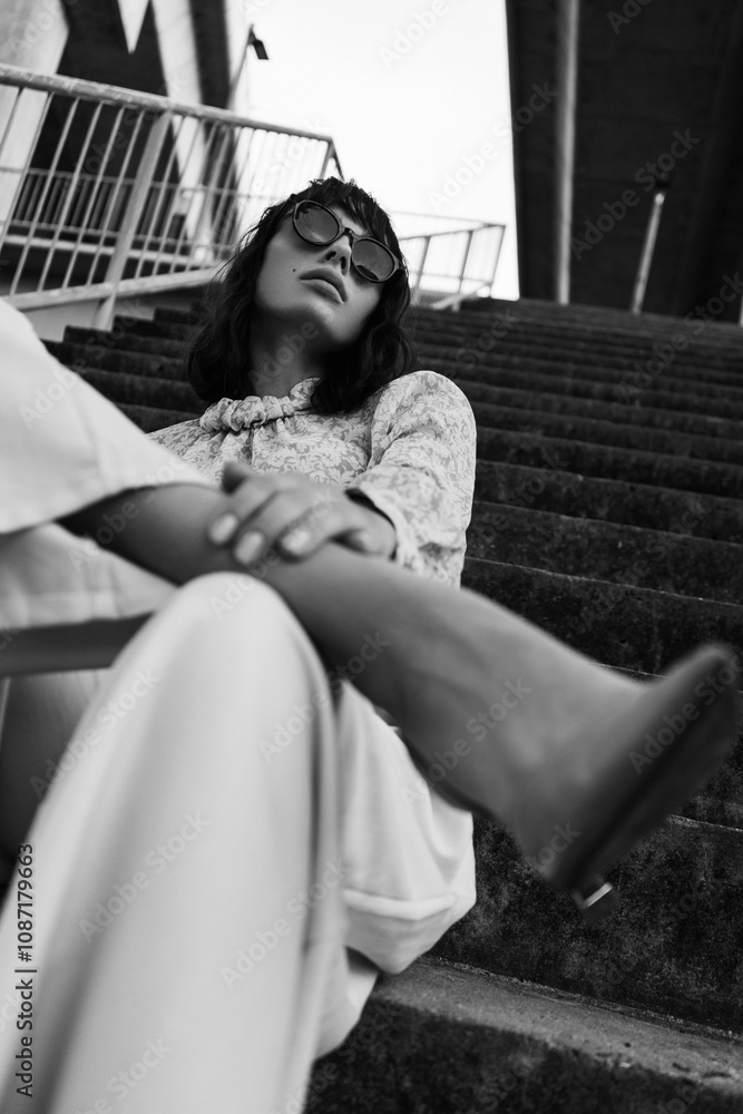 Naklejka premium Black and white photo of a girl in classic clothes posing on the streets of Bangkok.