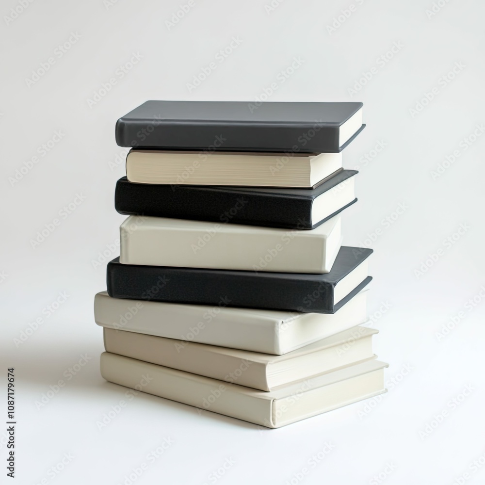 Stack of books on white background, product photography, random book position Stack of books on white background, product photography, random book position