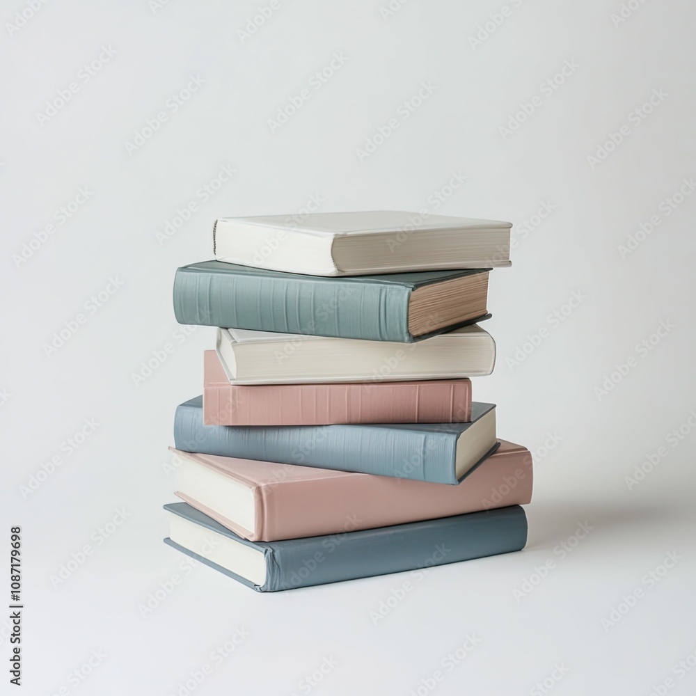 Stack of books on white background, product photography, random book position Stack of books on white background, product photography, random book position
