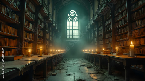 A Detailed Exploration of an Abandoned Gothic Library with Floating Candles and Dusty Tomes in Perfect Atmosphere