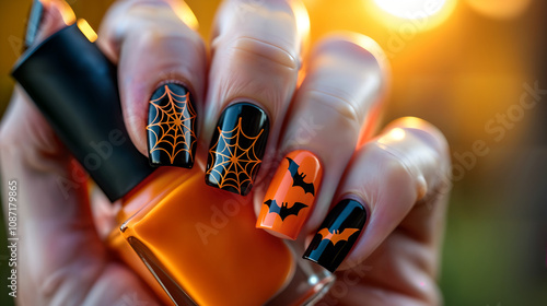 Macro Photograph of Vibrant Halloween-Themed Black and Orange Nails with Spider and Bat Designs Amidst Warm Autumn Light