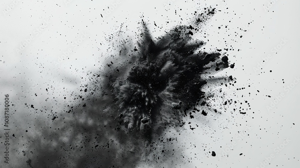 High-impact visual of black charcoal dust and paint exploding in a burst pattern against a clean white background, ideal for creating dramatic and artistic designs High-impact visual of black charcoal dust and paint exploding in a burst pattern against a clean white background, ideal for creating dramatic and artistic designs