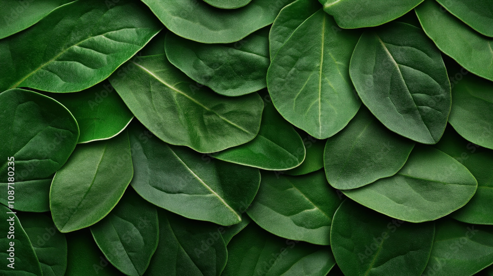 Fototapeta premium Close-up view of multiple overlapping green leaves creating a textured natural background with varying shades of green and visible leaf veins