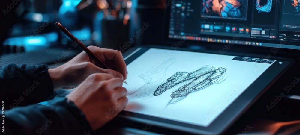 Digital Artist Sketching on Graphic Tablet Digital Artist Sketching on Graphic Tablet