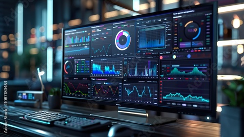 High-Tech Computer Dashboard: CRM Data and Business Analytics Visualization for Enhanced Decision-Making