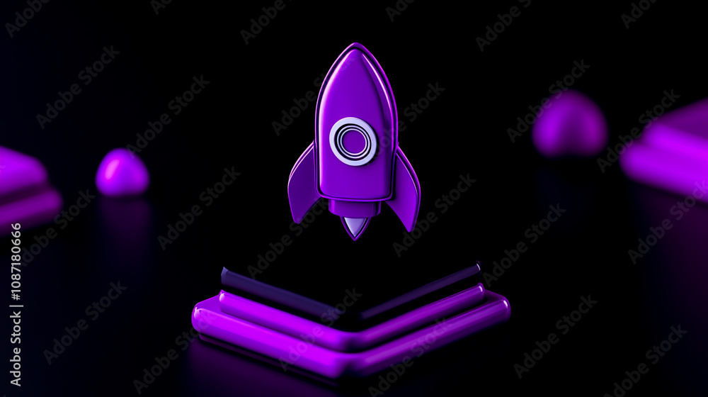 purple rocket icon floating on a black background purple rocket icon floating on a black background