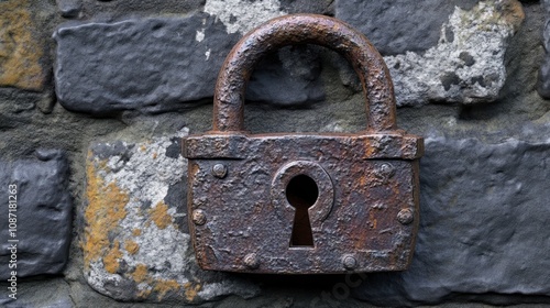 A rusty padlock mounted on a stone wall, symbolizing security and protection.