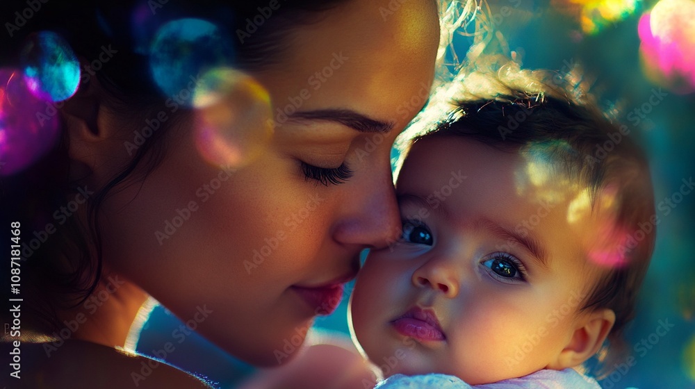 Tender moment captured in soft light: a woman gently embraces a baby, their faces close. Colorful bokeh lights create a dreamy, magical atmosphere. Tender moment captured in soft light: a woman gently embraces a baby, their faces close. Colorful bokeh lights create a dreamy, magical atmosphere.