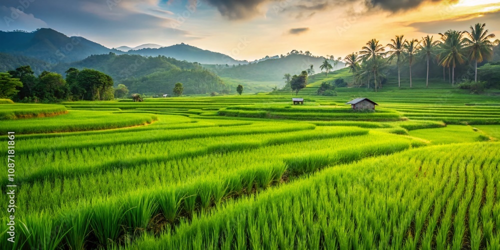 Fototapeta premium Serene Minimalist Paddy Field Landscape: A Lush Green Texture Background Capturing the Essence of Tranquility in Rice Cultivation and Nature's Beauty