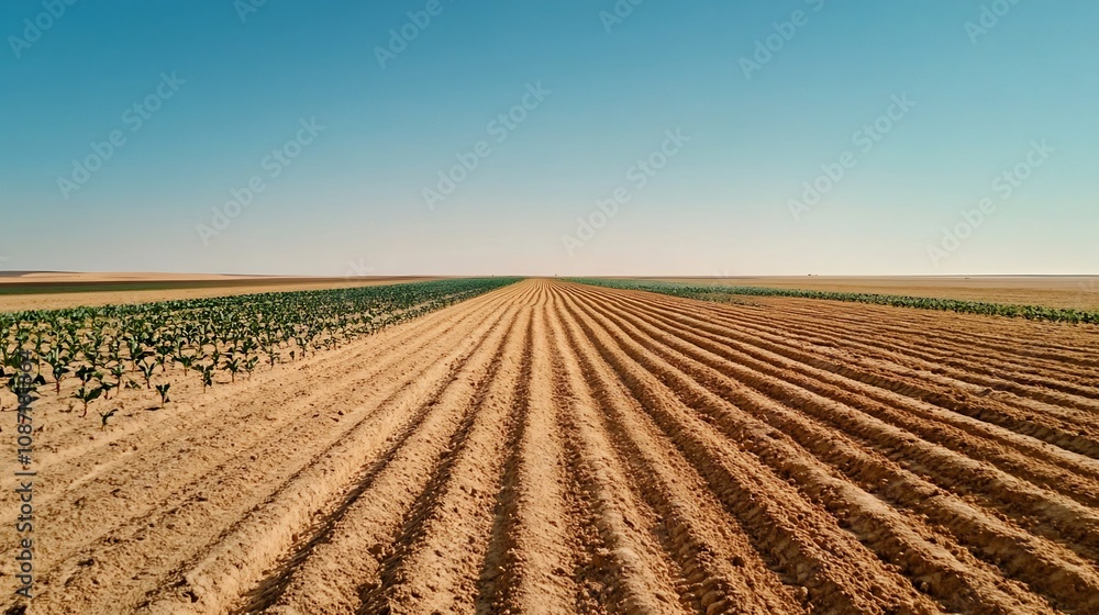 Vast Agricultural Field with Rows of Crops Under Clear Sky Vast Agricultural Field with Rows of Crops Under Clear Sky