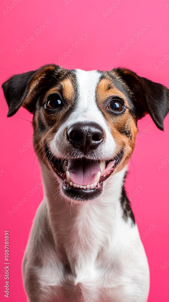 Adorable Jack Russell terrier with a big smile and bright eyes, looking cheerful against a vibrant pink background. Perfect for pet-themed designs or ads. Adorable Jack Russell terrier with a big smile and bright eyes, looking cheerful against a vibrant pink background. Perfect for pet-themed designs or ads.