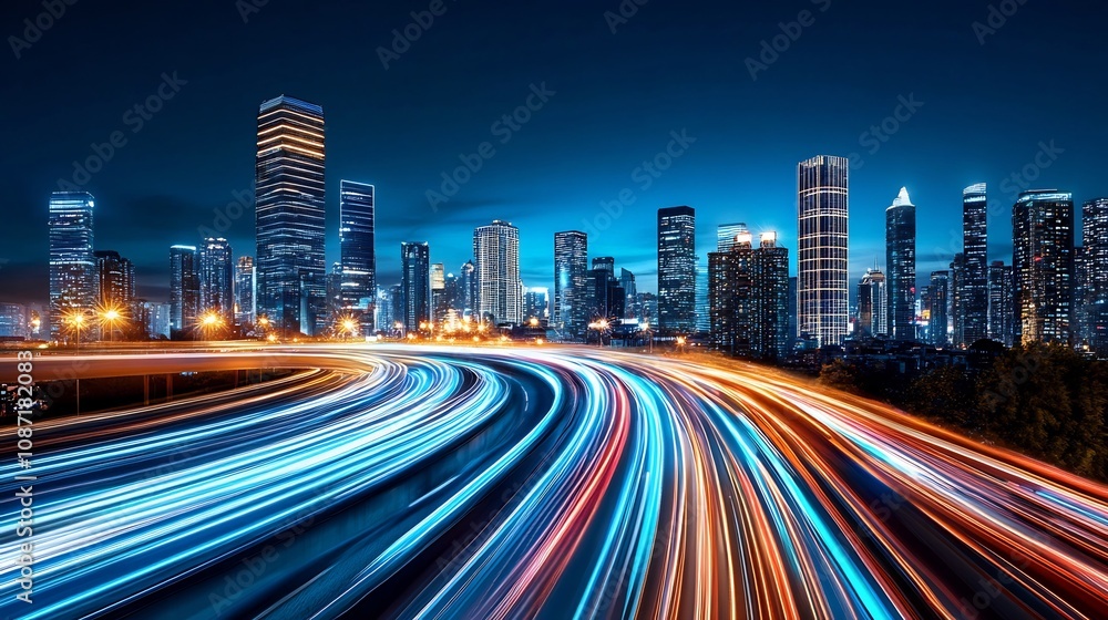 Fototapeta premium Futuristic Cityscape at Night with Vibrant Blue Lights and Blurred Traffic