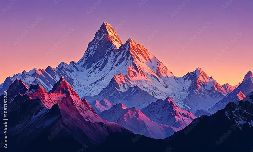Mountain landscape at dawn with rocky peaks and snow-capped Mountain landscape at dawn with rocky peaks and snow-capped