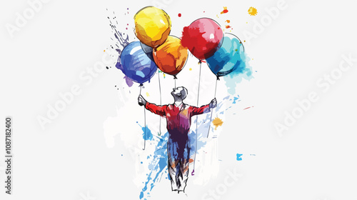 Colorful Comedian Man Holding Balloons - Mixed Media Handdrawn Illustration