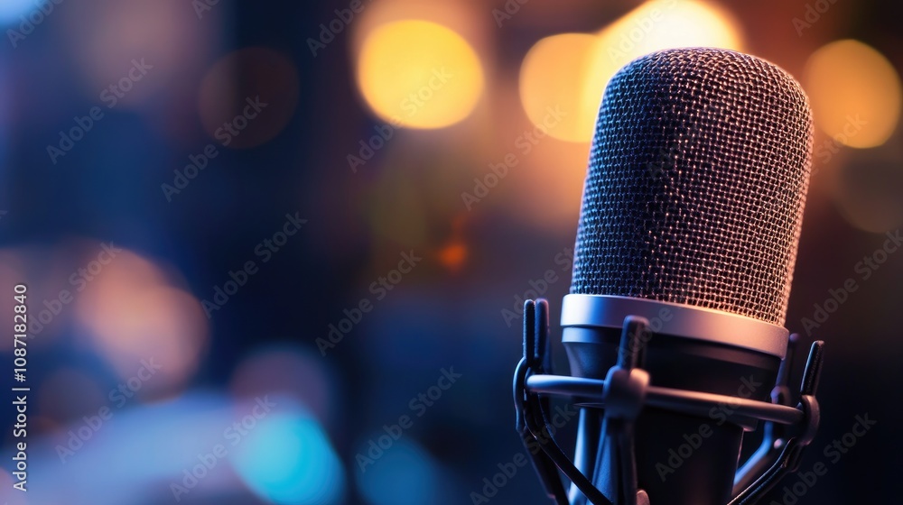 Close-Up of a Professional Microphone in a Studio Setting with Colorful Bokeh Lights Background Perfect for Music Production and Audio Recording Concepts Close-Up of a Professional Microphone in a Studio Setting with Colorful Bokeh Lights Background Perfect for Music Production and Audio Recording Concepts
