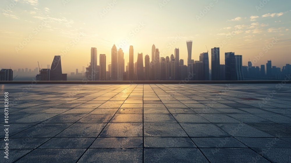 Empty square floor with city skyline background, Cosmopolitan plaza with towering skyline, twilight glow Empty square floor with city skyline background, Cosmopolitan plaza with towering skyline, twilight glow