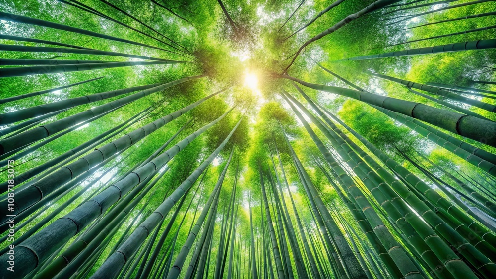 Looking Upward Through a Lush Bamboo Forest Canopy, Sunlight Filtering Through the Dense Green Stalks Looking Upward Through a Lush Bamboo Forest Canopy, Sunlight Filtering Through the Dense Green Stalks