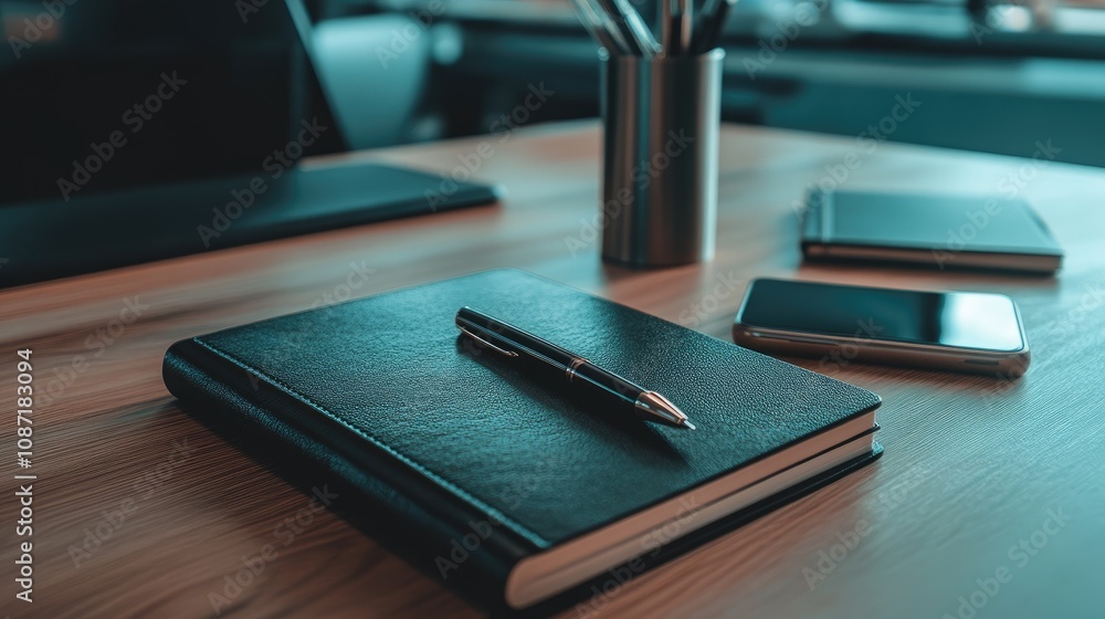 Stylish Desk Setup with Leather Notebook, Pen, Smartphone, and Note Pads in a Modern Office Environment for Creative and Productive Workspaces Stylish Desk Setup with Leather Notebook, Pen, Smartphone, and Note Pads in a Modern Office Environment for Creative and Productive Workspaces