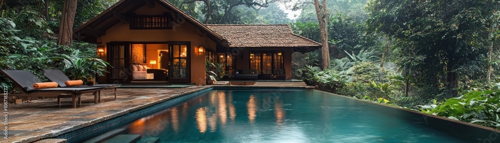 Relaxing retreat tropical villa with pool and lush gardens in a serene environment Relaxing retreat tropical villa with pool and lush gardens in a serene environment