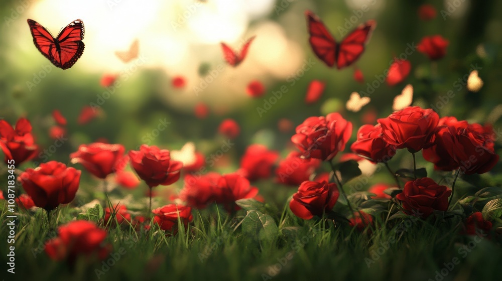 Fototapeta premium Red roses in full bloom, scattered across a grassy field, with butterflies fluttering around.