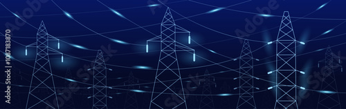 High voltage wires. Power transmission and distribution system background. Urban modern electricity network with pylons, nowaday vector banner