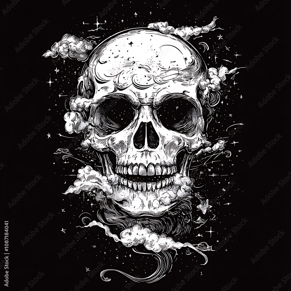 Skull with Clouds and Stars Skull with Clouds and Stars