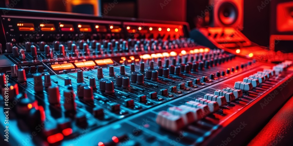 Professional audio mixing console in modern recording studio with vibrant lighting
Professional audio mixing console in modern recording studio with vibrant lighting
