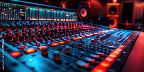 Professional audio mixing console in modern recording studio with vibrant lighting 