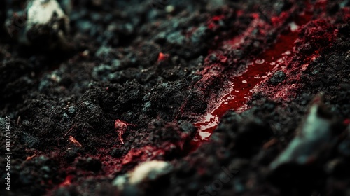 Soil stained with blood creates a striking metaphor for murder, espionage, and intelligence, capturing the essence of bloody crimes with evocative imagery and ample copy space. photo