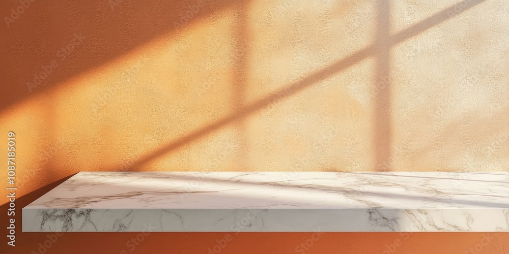 An empty marble countertop set against a gentle orange pastel wall, illuminated by sunlight - the photograph captures high quality details beautifully.