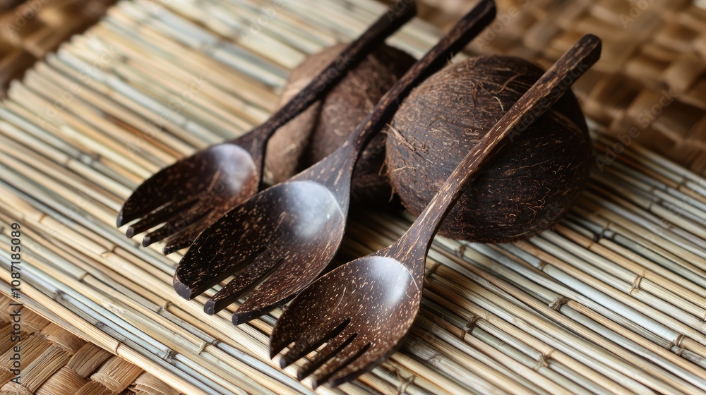 Elegant Set of Eco-Friendly Wooden Forks on Natural Bamboo Mat with Decorative Coconut Shells Perfect for Sustainable Dining Experiences Elegant Set of Eco-Friendly Wooden Forks on Natural Bamboo Mat with Decorative Coconut Shells Perfect for Sustainable Dining Experiences