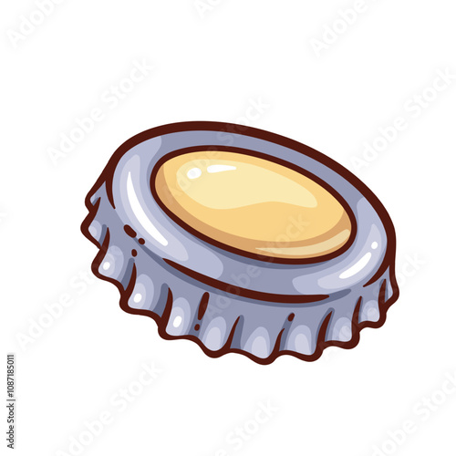 Beer bottle cap line icon. Outline hand drawn vintage metal lid with silver crown and golden circle inside, glossy blank cover of glass bottle with drink. Bar mascot, color icon vector illustration