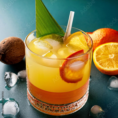 bebida cocktail trago frutal tropical y hielo, mockup publicidad photo