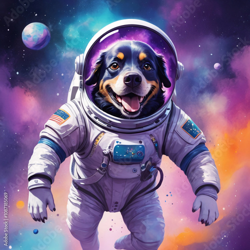 astronaut on the moon. Space Dog. A dog in a spacesuit, floating in space with a big, goofy grin, surrounded by cosmic watercolor splashes in purples and blues.
