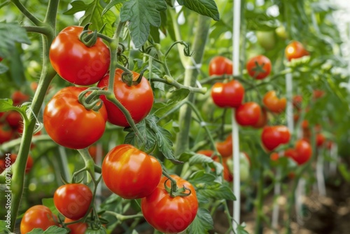 Ripe Tomatoes Grow on Vines in Greenhouse Abundantly