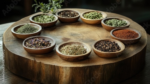 Ayurvedic herbs and spices arranged in round wooden bowls create an inviting display on a rustic wooden table, highlighting the vibrant colors and textures of the herbs. Ample copy space available.