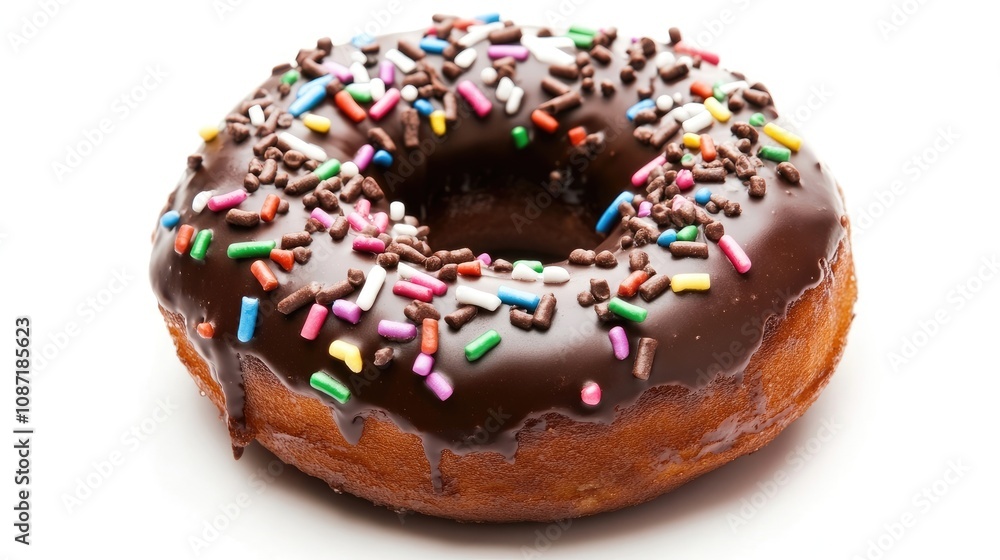 Indulge in a large, delicious chocolate donut adorned with icing and sprinkles, perfectly isolated on a white background, offering ample space for creative photo presentations. Indulge in a large, delicious chocolate donut adorned with icing and sprinkles, perfectly isolated on a white background, offering ample space for creative photo presentations.